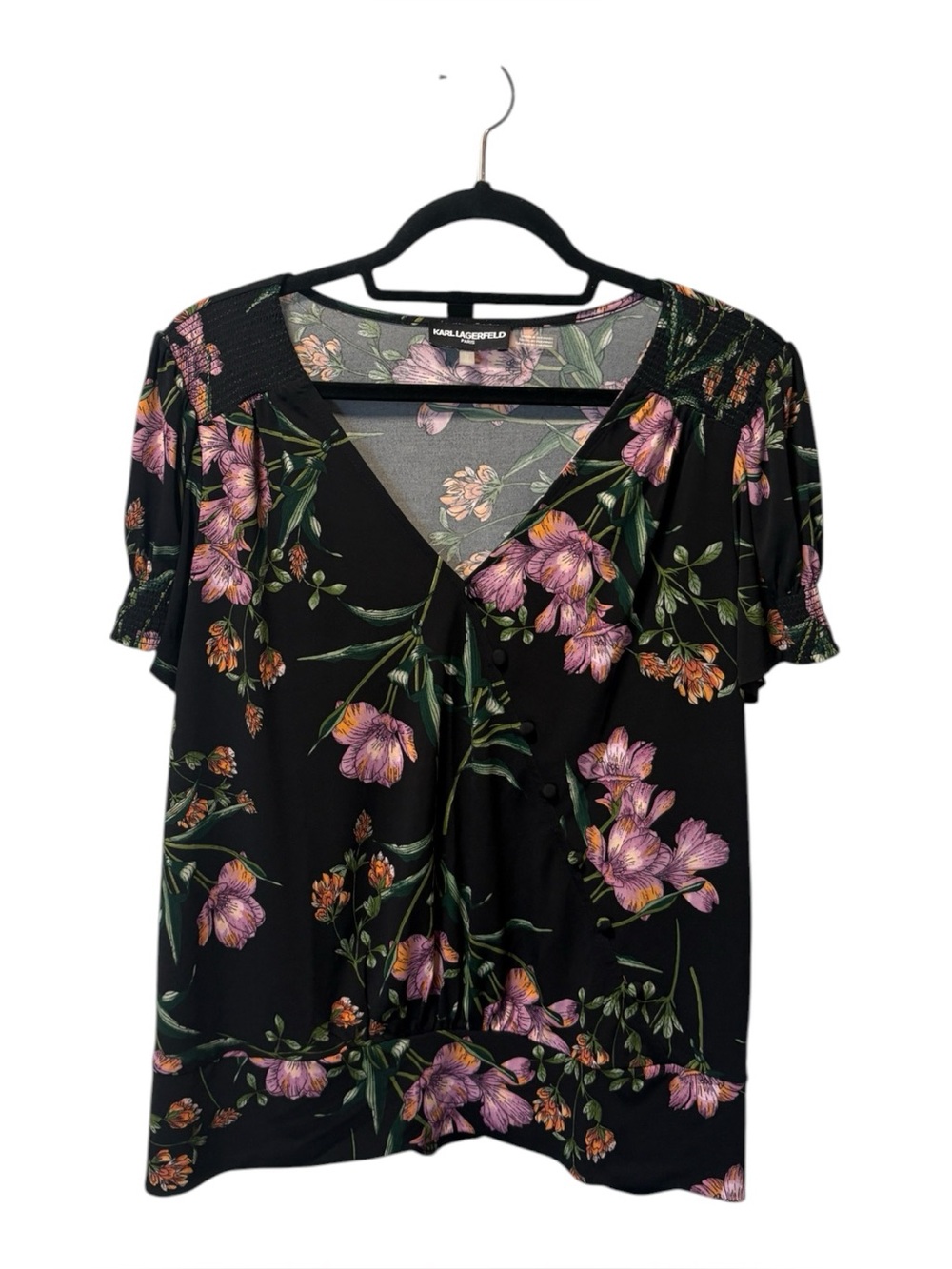 Karl Lagerfeld Black Floral V-Neck Top with Pink and Green Accents
